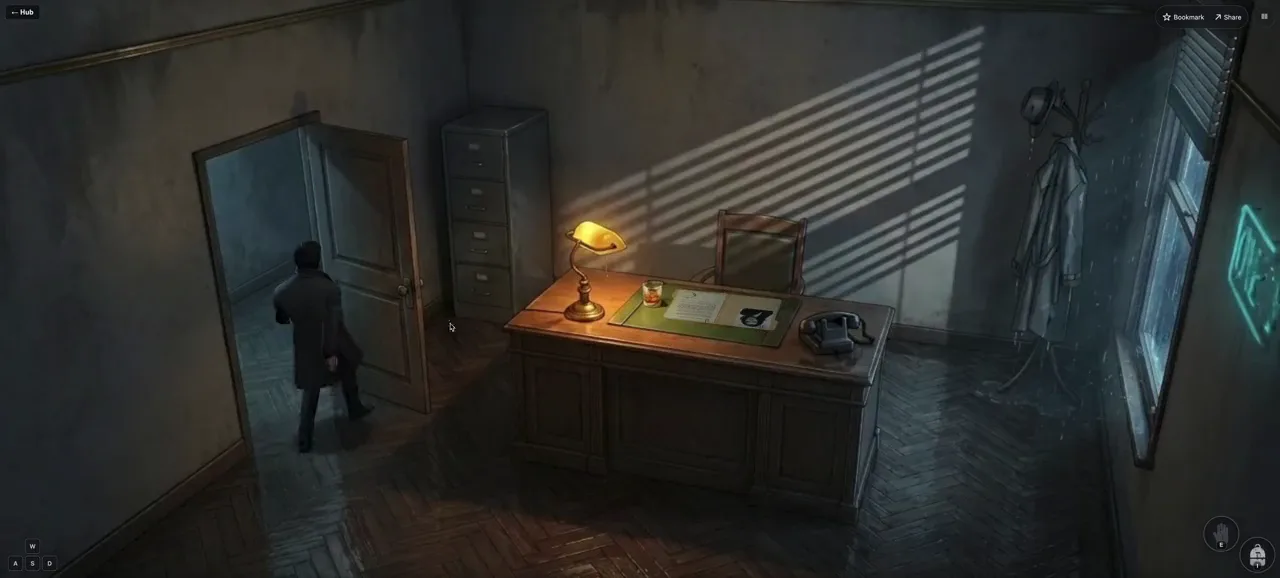 Rain On Neon gameplay: a detective in a rain-lit office lined with filing cabinets and a green banker's lamp